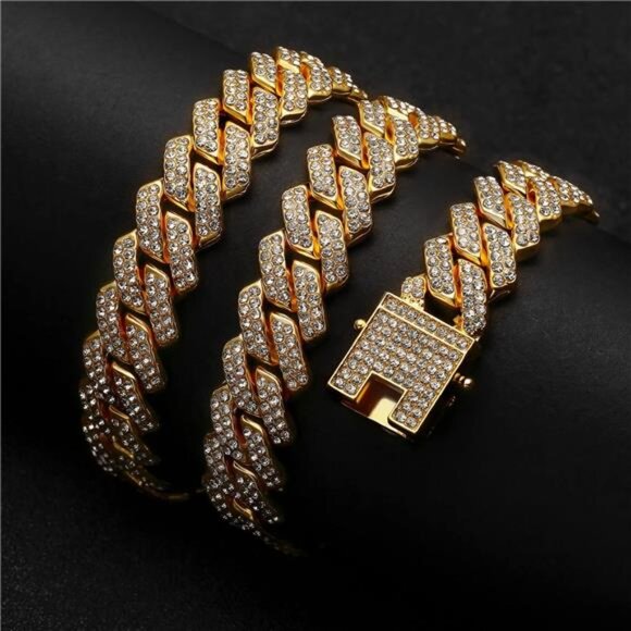 Gold Cuban Link Chain For Men Women Iced Out Chain Miami Cuban Necklace - Picture 2 of 5